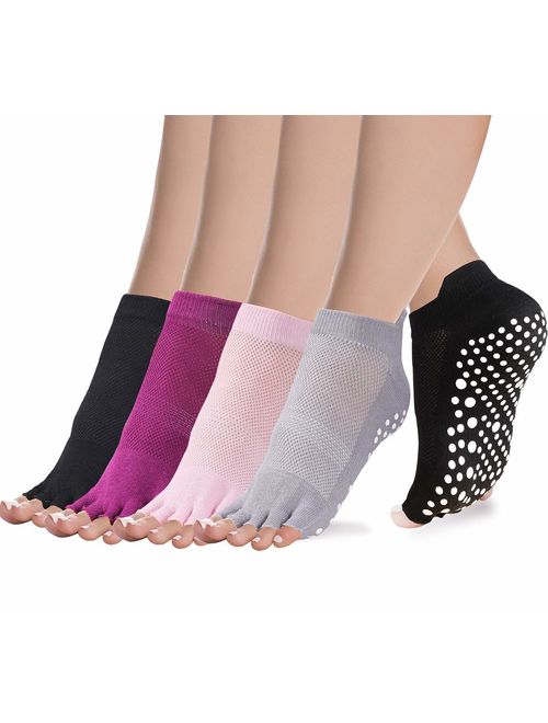 Yoga Socks Non Slip Pilates Barre with Grips for Women 4 Pack by Cosfash 