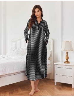 Women's Striped Nightgown,Long Loungewear Nightshirt Sleepwear with Pocket