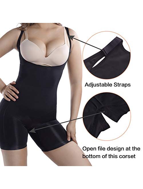 +MD Women Seamless Target Firm Tummy Control Shapewear Bodysuit Open Bust Mid-Thigh Full Body Shaper for Dresses