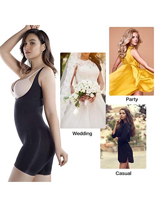 +MD Women Seamless Target Firm Tummy Control Shapewear Bodysuit Open Bust Mid-Thigh Full Body Shaper for Dresses
