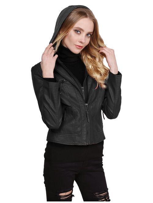 Women's Faux Leather Rider Jacket with Detachable Hood