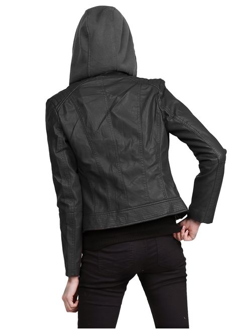 Women's Faux Leather Rider Jacket with Detachable Hood