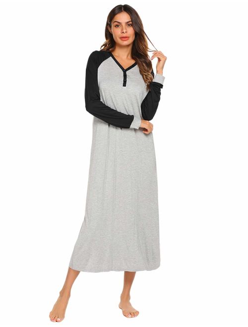 Ekouaer Sleep Shirt Women's Long Sleeve Sleepwear V-Neck Night Dress Nightgown Loungewear S-XXL