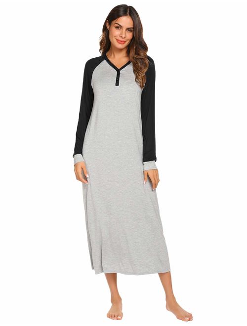 Ekouaer Sleep Shirt Women's Long Sleeve Sleepwear V-Neck Night Dress Nightgown Loungewear S-XXL