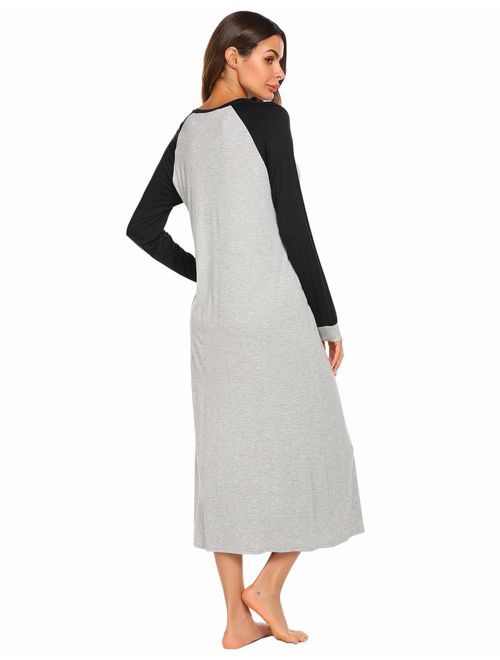 Ekouaer Sleep Shirt Women's Long Sleeve Sleepwear V-Neck Night Dress Nightgown Loungewear S-XXL