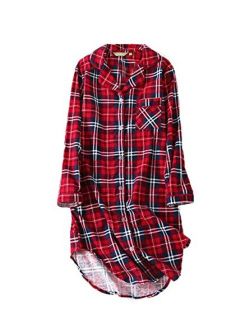 PNAEONG Women's Flannel 100% Cotton Nightgown Button Down Boyfriend Nightshirt Mid-Long Style Sleepshirt Pajama Tops