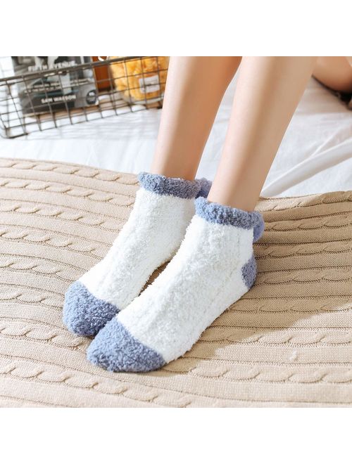 Skola Super Soft Cozy Winter Warm Slipper Socks Womens Anti Slip Grip Fuzzy Pom Pom Socks 4 Pairs