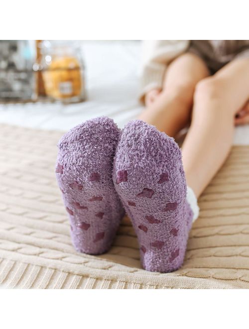 Skola Super Soft Cozy Winter Warm Slipper Socks Womens Anti Slip Grip Fuzzy Pom Pom Socks 4 Pairs