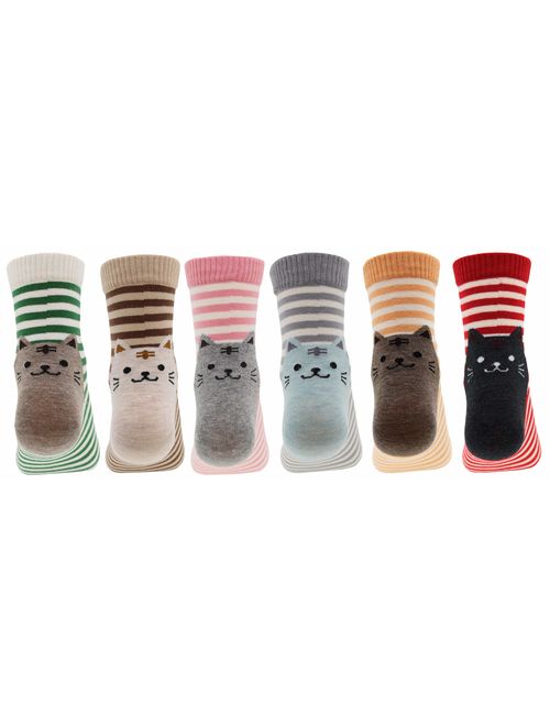 AnVei-Nao Womens Girls Stripe Cute Cat Cotton Soft Pattern Crew Socks 6 Pairs