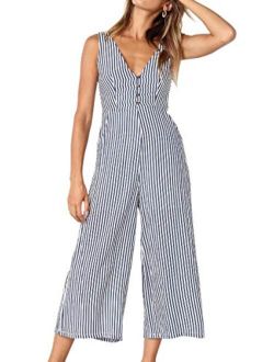 ECOWISH Womens Jumpsuits Casual Button Deep V Neck Sleeveless High Waist Wide Leg Jumpsuit Rompers with Pockets
