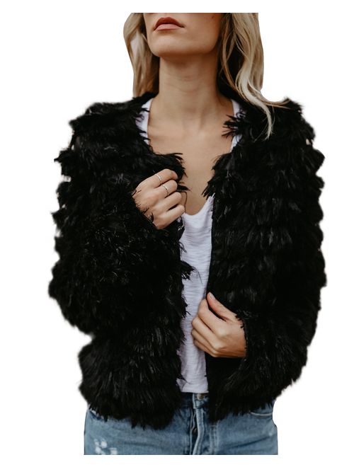 Lovaru Womens Coat Long Sleeve Open Front Parka Shaggy Faux Fur Coat Jacket Parka