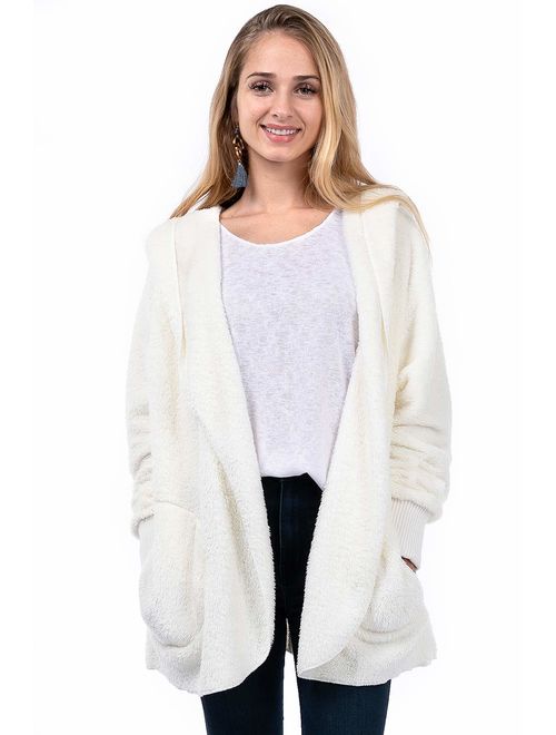 Hem and Thread Women's Fashion Long Sleeve Hooded Open Front Fluffy Oversized Soft Fur Jacket with Pockets Cozy Warm Winter