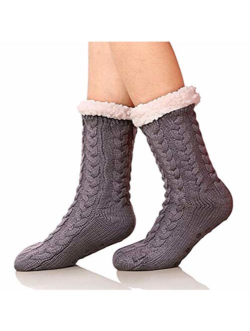 YSense Womens Winter Warm Thick Knit Sherpa Fleece Lined Christmas Cozy Fuzzy Slipper Socks With Grippers