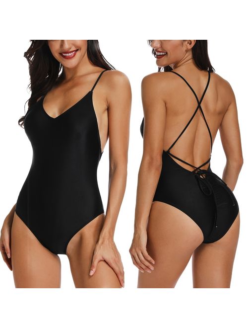 FITTOO Women Monokini One Piece Swimsuits Criss Cross Bandage Beachwear Slimmming Swimwear Bathing Suits