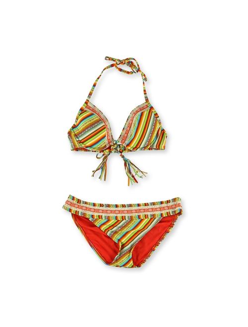 Lucky Brand Womens Striped Crochet Hipster 2 Piece Bikini, Orange, Medium