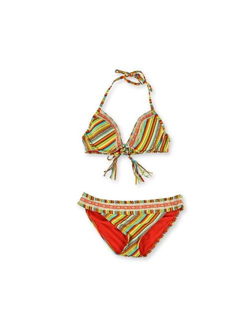 Lucky Brand Womens Striped Crochet Hipster 2 Piece Bikini, Orange, Medium