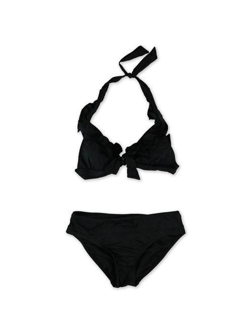 Kenneth Cole Womens Ruffle Banded Brief 2 Piece Bikini, Black, Small