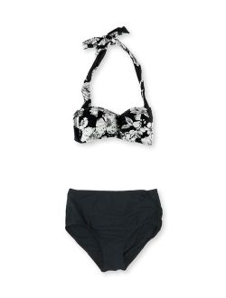 Womens Floral Halter Brief 2 Piece Bikini, Black, X-Small