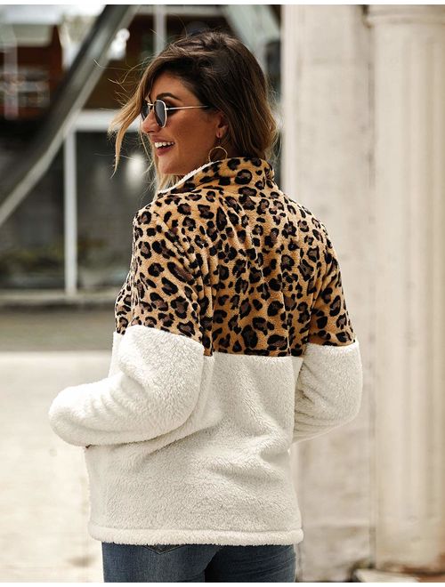 Rainlin Women Leopard Print Patchwork Zip Up Sweatshirts Long Sleeve Fluffy Sherpa Fleece Pullover with Pockets