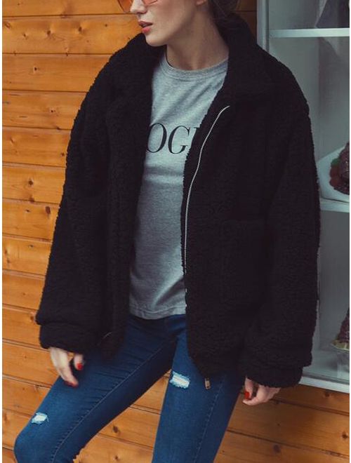 CHOiES record your inspired fashion Women's Lapel Long Sleeve Faux Shearling Coat Winter Boyfriend Winter Faux Coat