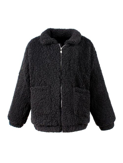 CHOiES record your inspired fashion Women's Lapel Long Sleeve Faux Shearling Coat Winter Boyfriend Winter Faux Coat