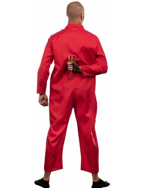 Red Jumpsuit, Foam Gold Scissors, Glove | Halloween Horror Movie Jump Suit Cosplay Costume