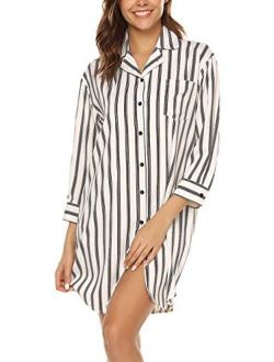 URRU Women's Boyfriend Nightshirt 3/4 Sleeve Button Down Striped Nightgown Sleepwear S-XXL