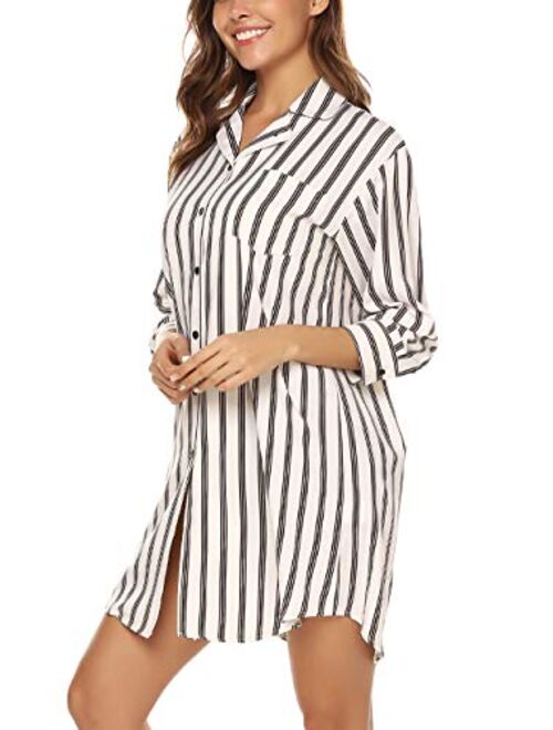URRU Women's Boyfriend Nightshirt 3/4 Sleeve Button Down Striped Nightgown Sleepwear S-XXL
