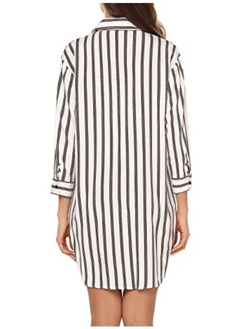 URRU Women's Boyfriend Nightshirt 3/4 Sleeve Button Down Striped Nightgown Sleepwear S-XXL