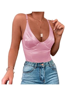Velius Women's Sexy Deep V Neck Shiny Thong Bodysuit Tank Tops with Underwire