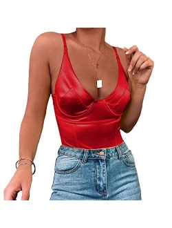 Velius Women's Sexy Deep V Neck Shiny Thong Bodysuit Tank Tops with Underwire