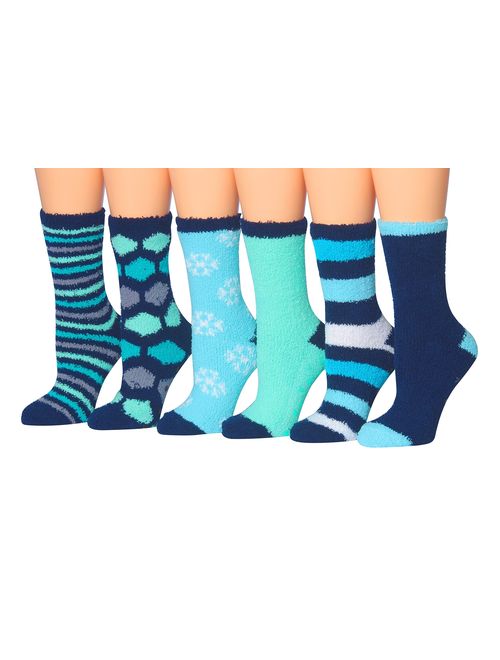 Tipi Toe Women's 6-Pairs Patterned & Solid Anti-Skid Soft Fuzzy Crew Socks
