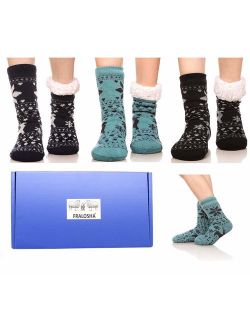 FRALOSHA Women's Slipper Socks Warm Fuzzy Fleece-lined Indoor Anti-Skid Floor Socks 3 Pairs Christmas Gift