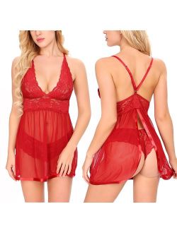 Ababoon Women Babydoll Lingerie Sheer Lace Chemise Halter Backless Sleepwear
