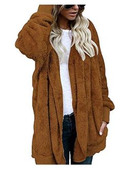 Womens Fuzzy Winter Open Front Cardigan Sherpa Fleece Jacket Hooded Coat Outerwear