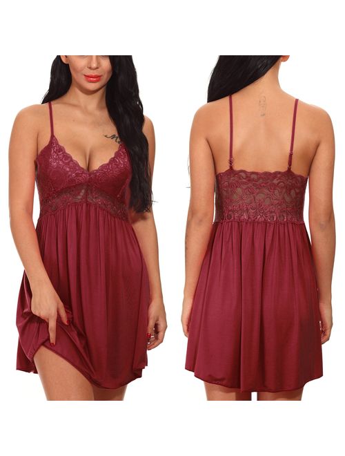 Ababoon Women Lace Modal Sleepwear Chemises V-Neck Full Slip Babydoll Nightgown