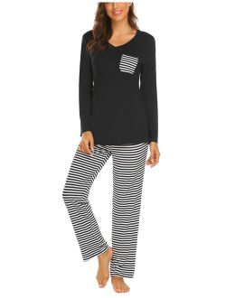 Womens Pajama Set Striped Long Sleeve Top & Pants Sleepwear Pjs Sets