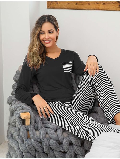 Hotouch Womens Pajama Set Striped Long Sleeve Top & Pants Sleepwear Pjs Sets