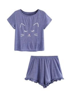 DIDK Women's Kitty Cat Print Ruffles Short Pajama Set