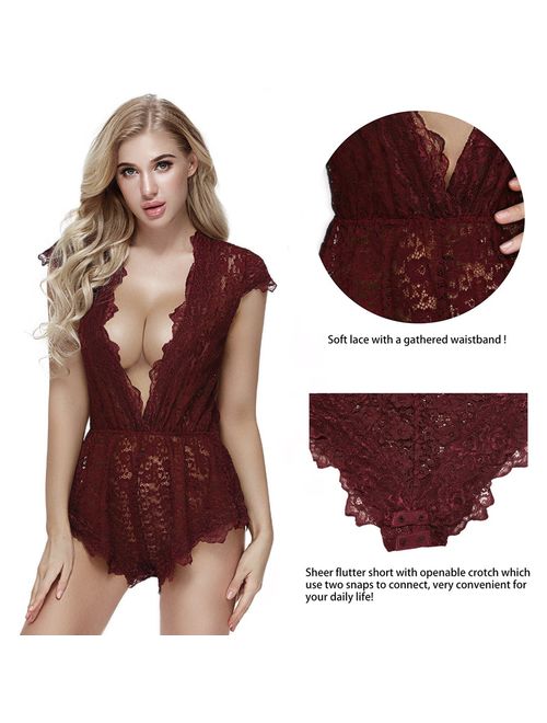 Ruzishun Sexy Lingerie for Women Lace Teddy Lingerie Deep V Open Plus Size Nightgown