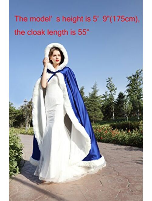 Wedding Cape Hooded Cloak for Bride Winter Reversible with Fur Trim Free Hand Muff Full Length 50 55 inches (19 Colors)