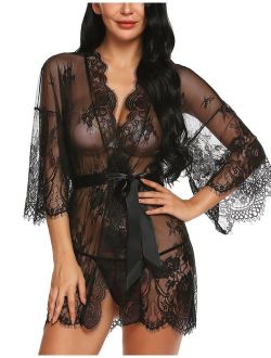 Ababoon Women's Lace Kimono Robe Babydoll Lingerie Mesh Nightgown G-String