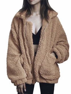 TEMOFON Women's Coat Casual Fleece Fuzzy Faux Shearling Fluffy Jackets Winter Long Sleeve Zip Up Outwear with Pockets S-3XL
