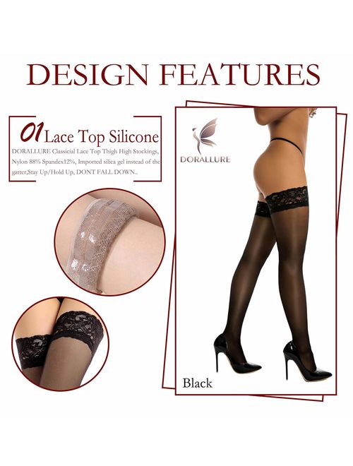 Thigh High Stockings Silicone Lace Top Stay Up Silky Semi Sheer Pantyhose for Women Hold Up Nylon DORALLURE