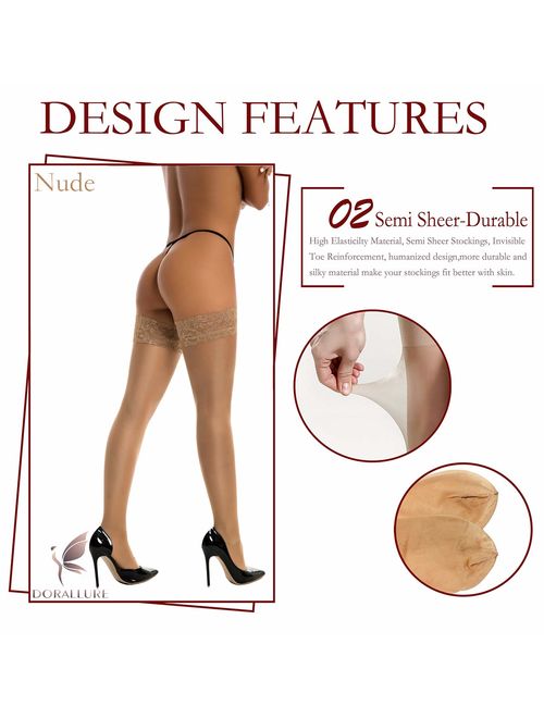 Thigh High Stockings Silicone Lace Top Stay Up Silky Semi Sheer Pantyhose for Women Hold Up Nylon DORALLURE