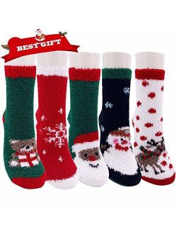 Christmas Fuzzy Socks,5-7 Pairs Fluffy Socks Women Holiday Cute Socks XMAS Santa Socks Cozy Crew Socks for Women
