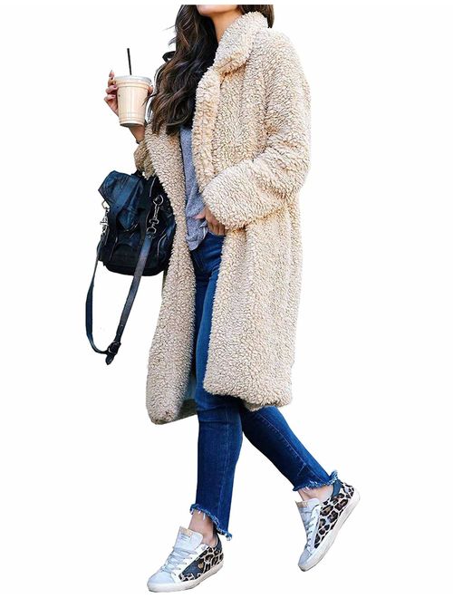 Women Long Cardigan Open Front Faux Fur Coats Fuzzy Fleece Warm Winter Jackets