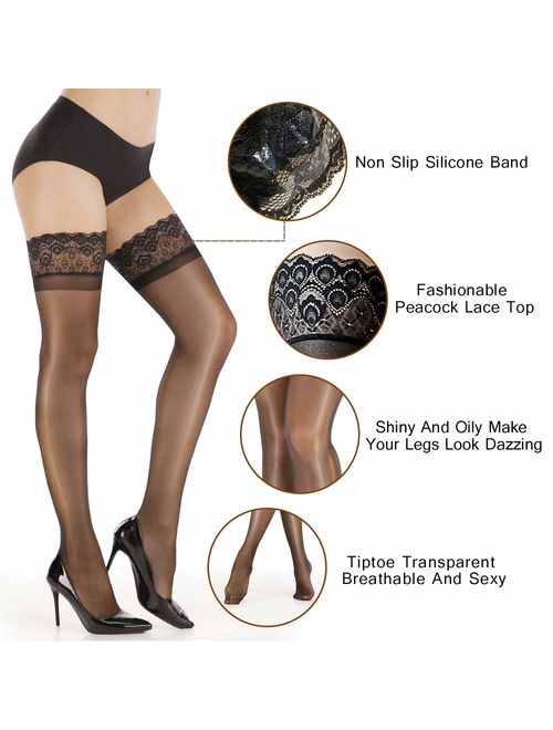 GhostCat Women's Ultra Shimmery Lace Top Thigh High Sheer Stockings Antiskid Silicone Shiny Pantyhose