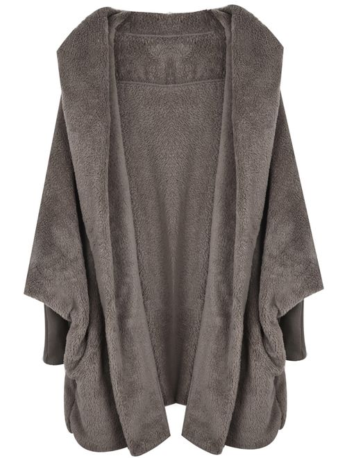 SweatyRocks Women Khaki Hooded Dolman Sleeve Faux Fur Cardigan Coat for Winter 