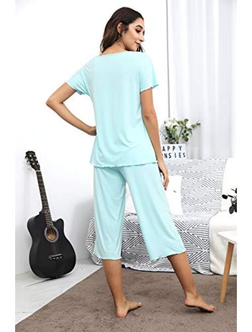 WiWi Womens Bamboo Plus Size Pajama Set Comfy Sleepwear Capri Pants Pjs S-4X